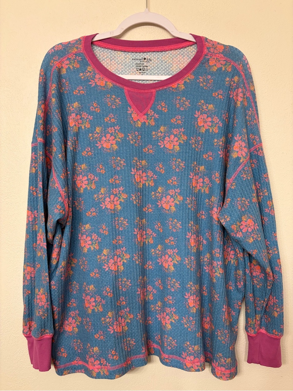 Natural Life Women’s Blue/Pink Mix & Match Waffle Pajama Long Sleeve Size Small